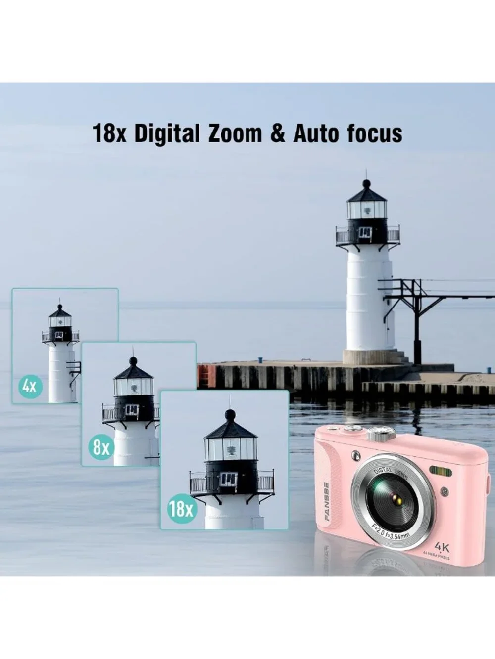 4K Vlogging Camera, 64MP Point & Shoot, 18X Zoom, Anti-Shake, Compact, Blush
